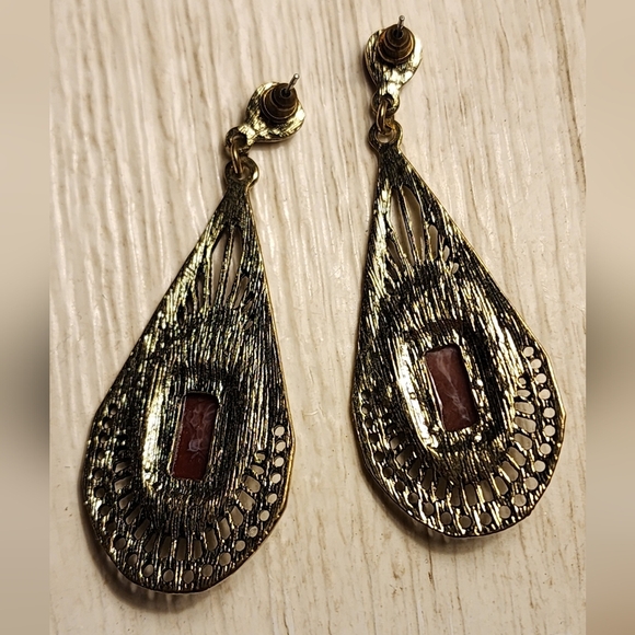 Boho Bronze And Pink Stone Teardrop Earrings - Picture 6 of 12